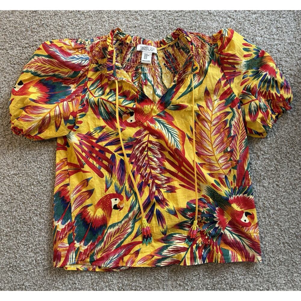 Rachel Zoe Yellow Tropical Parrot Puff Sleeve Top XS Beaded Tassel Cotton